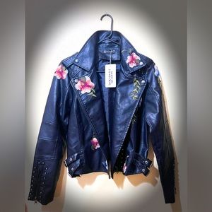 Black leather jacket with embroidered flowers
